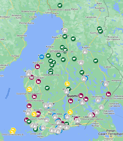 Suomen Biokierto ja Biokaasu ry:n ylläpitämän biokaasulaitoskartan tilanne vuodelta 2021 (SBB).
