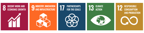 Kestävän kehityksen tavoitteet: 8. (ihmisarvoista työtä ja talouskasvua) 9. (kestävää teollisuutta, innovaatioita ja infrastruktuureja) 12. (vastuullista kuluttamista) 13. (ilmastotekoja) 17. (yhteistyö ja kumppanuus).