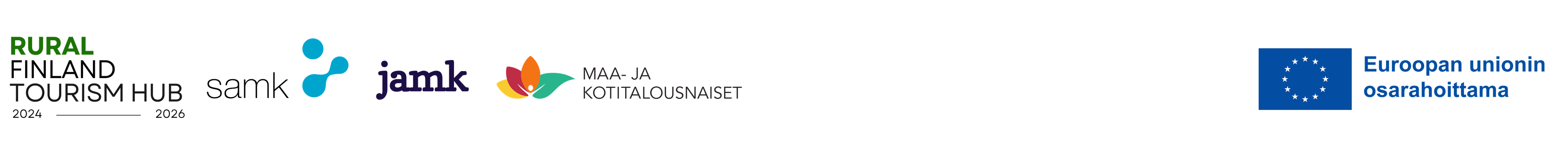 Rural Finland Tourism Hub Logorimpsu, hankkeen logo, hankepartnerit ja rahoittaja