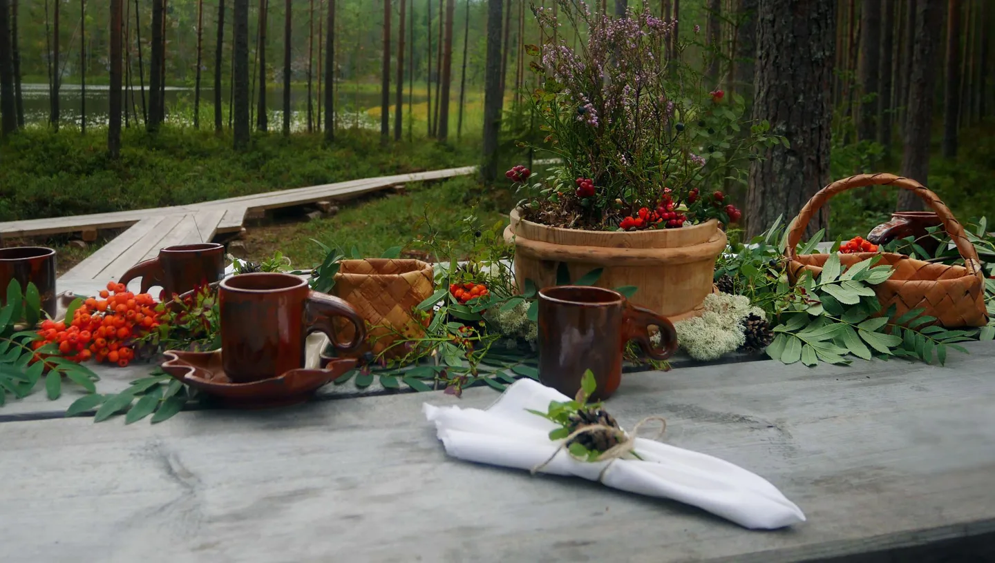 Kahvitarjoilu pöydän ääressä metsässä pitkospuiden päädyssä