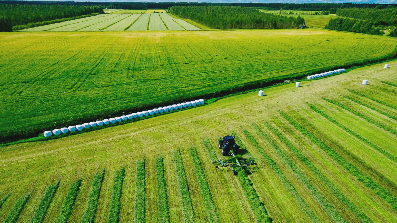 Dronekuva traktorista karhottamassa rehua